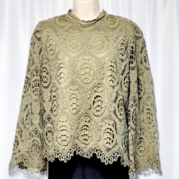 Ultra Pink Sage Crochet Lacey Scalloped Bell Sleeve & Lined Pop Over Blouse (L) - Picture 1 of 12